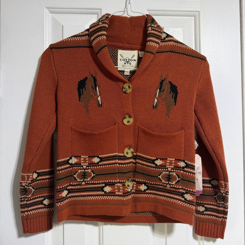 NWT Cotton Rye Vintage Horse Kids rust orange boy girl sweater cardigan XS 4 - Picture 2 of 7